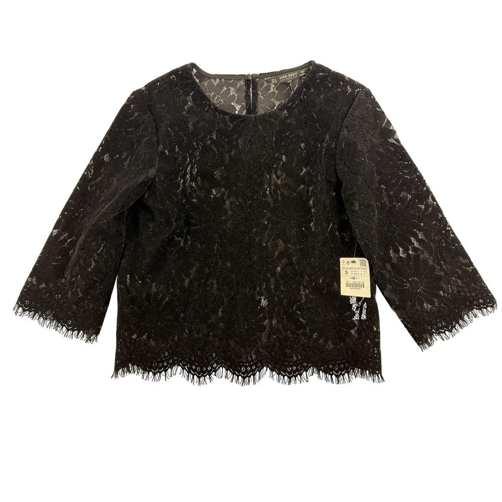 Zara Basic Collection Blouse Womens Small Black Lace 3/4 Sleeve Scalloped Hem S
